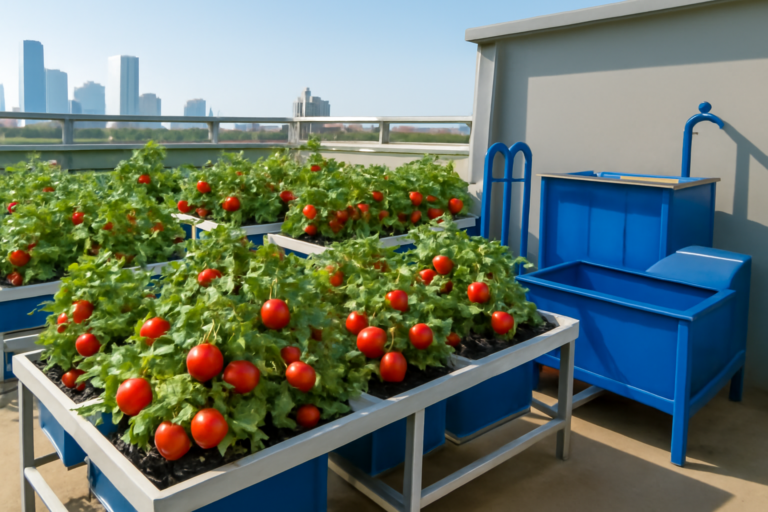 Hydroponic tomato plants growing on a rooftop terrace in an urban cityscape
