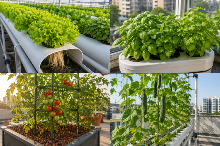 Four-panel collage of hydroponic farming featuring lettuce with healthy roots, indoor hydroponic herbs, cherry tomatoes in expanded clay media, and cucumbers growing on a rooftop trellis.