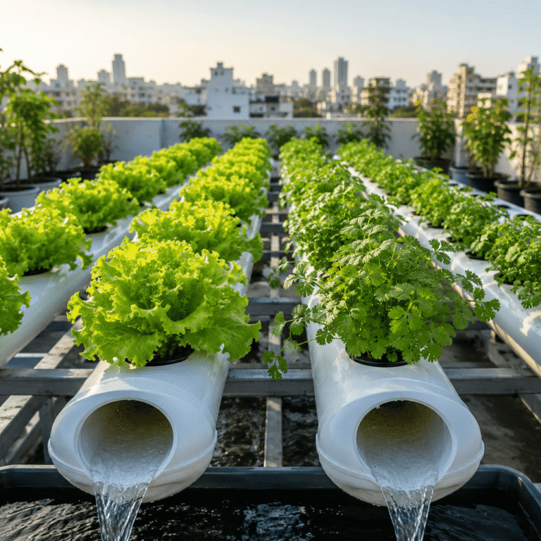 Healthy lettuce and coriander growing in a hydroponic NFT system on a residential rooftop,