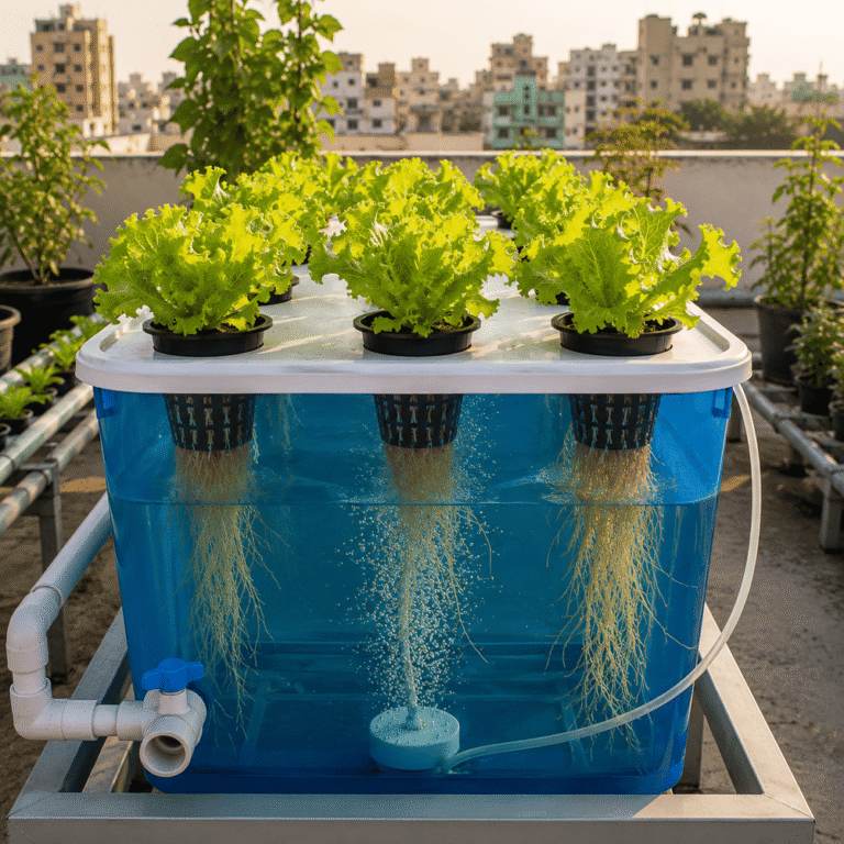 Deep Water Culture (DWC) hydroponic system growing healthy greens on a rooftop terrace with exposed roots submerged in nutrient-rich oxygenated water.