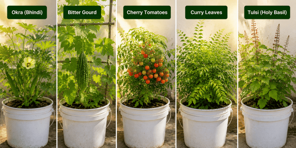 Summer-friendly terrace garden plants including okra, bitter gourd, cherry tomatoes, and curry leaves growing in containers.