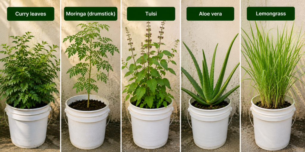 Curry leaves, moringa, tulsi, aloe vera and lemongrass growing in containers on a Hyderabad terrace garden.
