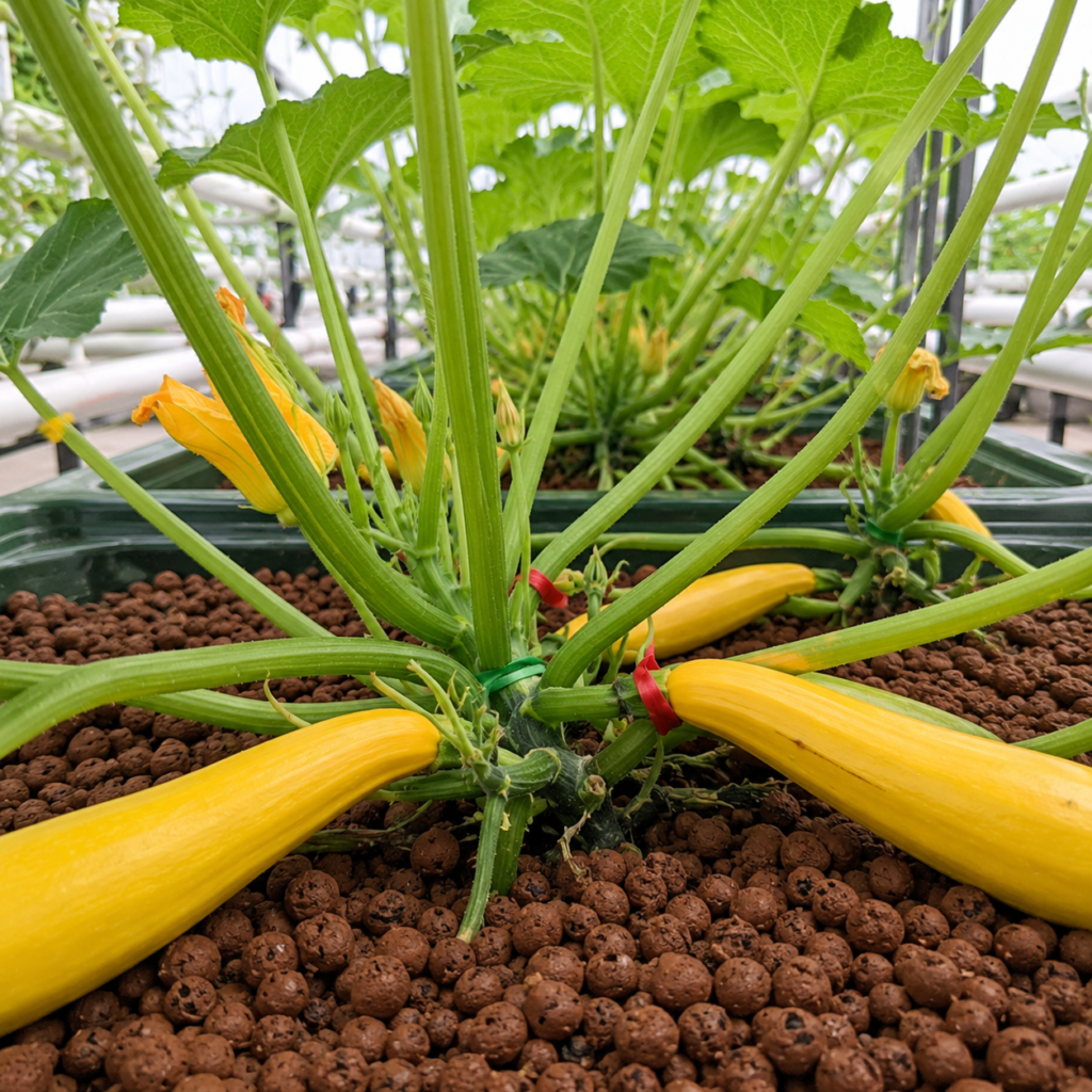 Productive hydroponic media bed growing yellow zucchini squash in expanded clay pebbles with healthy foliage and blossoms in a rooftop garden.