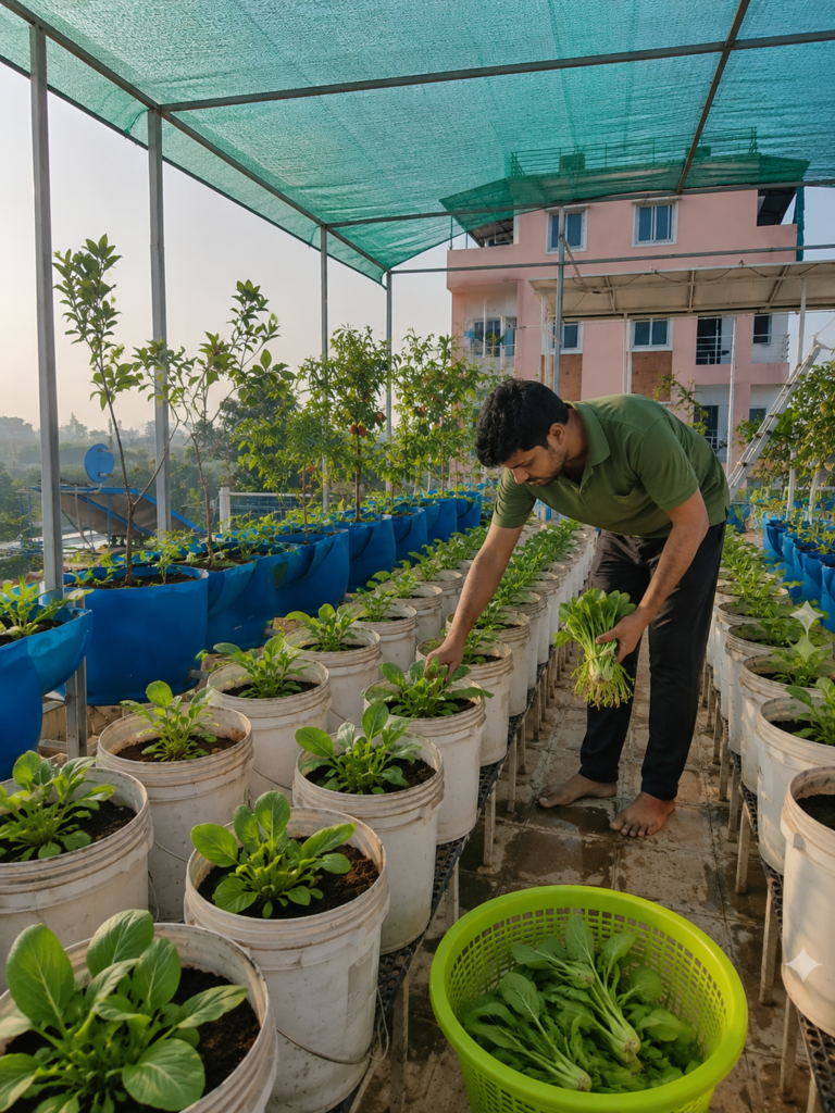 Terrace garden in Hyderabad with vegetables growing in white buckets under a shade net while fresh leafy greens are being harvested.