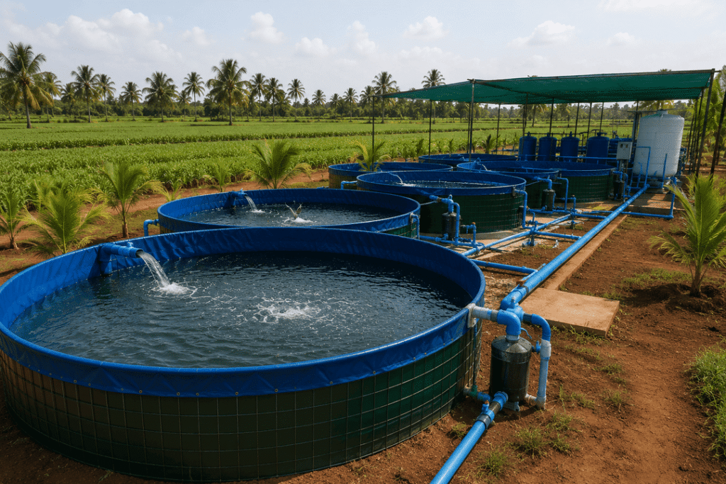 RAS fish farming setup on agricultural land with circular tanks, blue piping and filtration system
